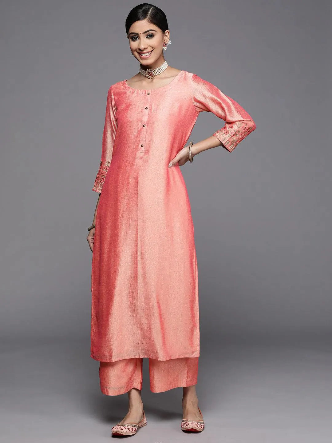 Peach Solid Silk Kurta - Libas