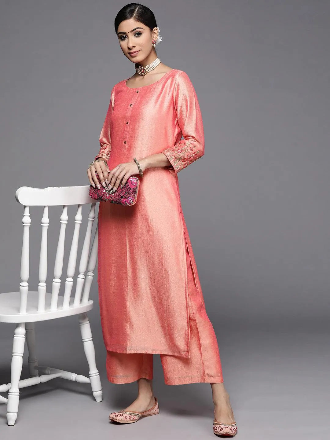 Peach Solid Silk Kurta - Libas