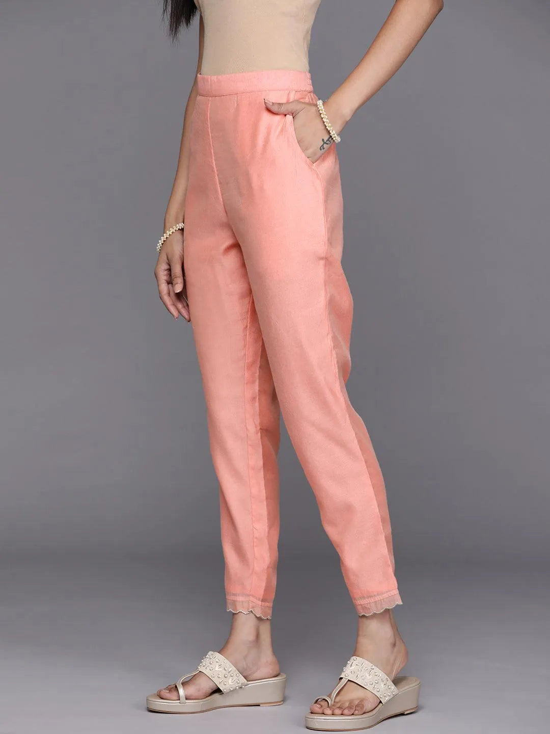 Peach Solid Silk Trousers - Libas