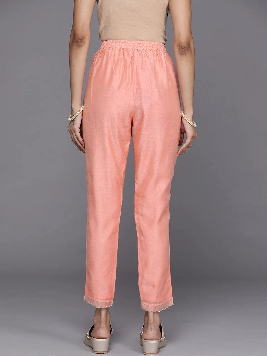 Peach Solid Silk Trousers - Libas