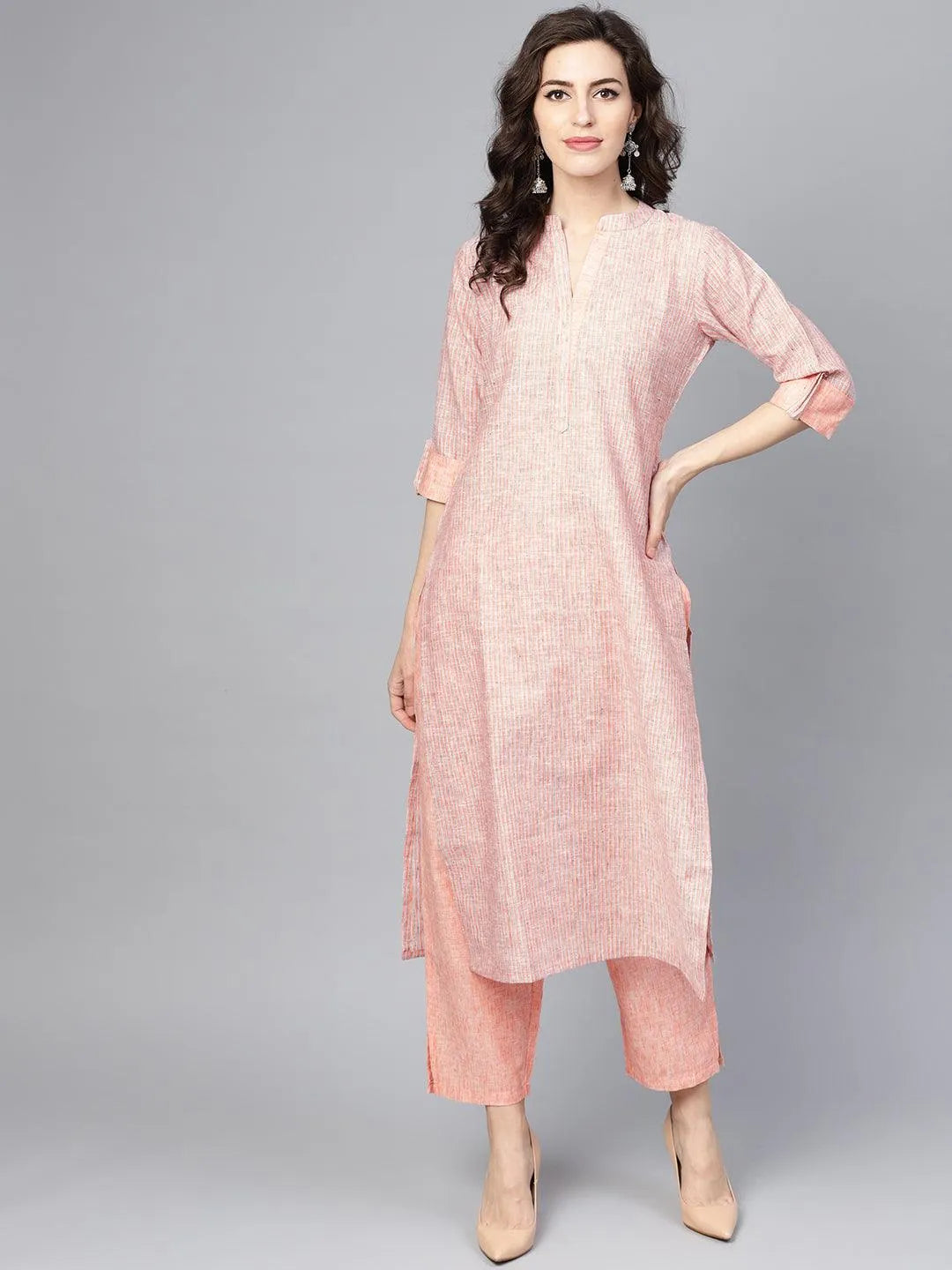 Peach Striped Cotton Kurta Set - Libas