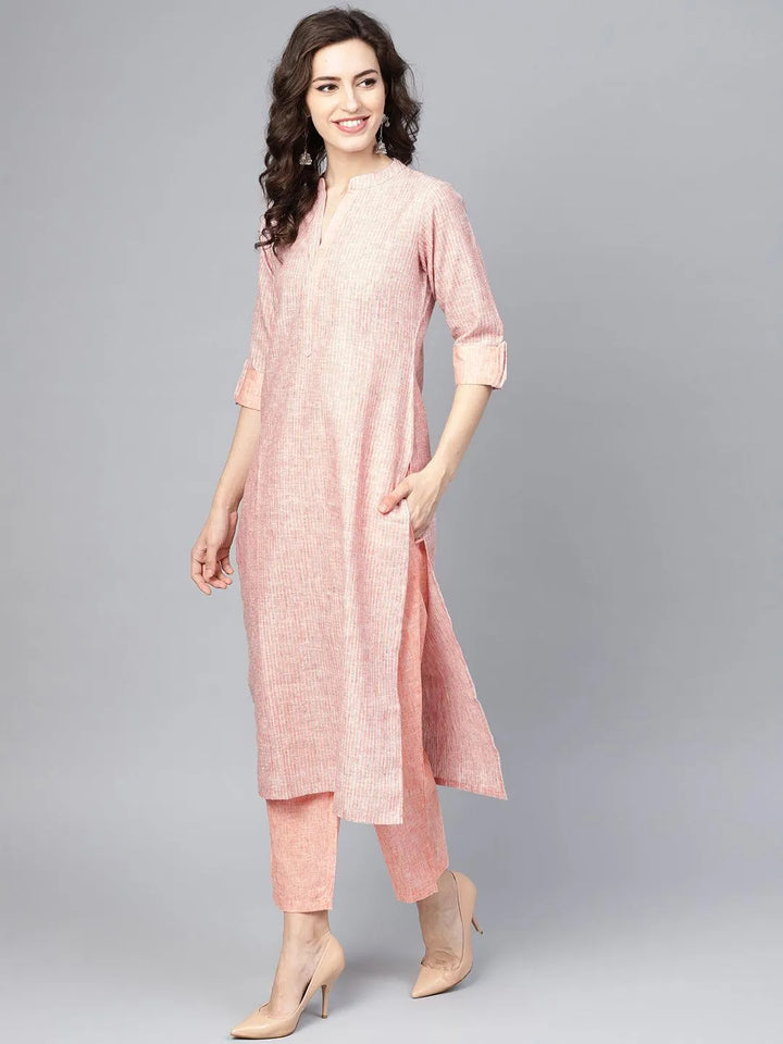 Peach Striped Cotton Kurta Set - Libas