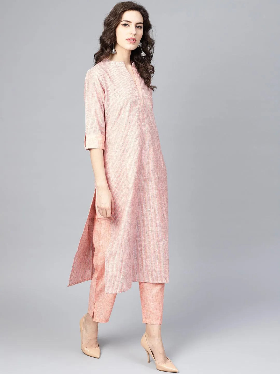 Peach Striped Cotton Kurta Set - Libas