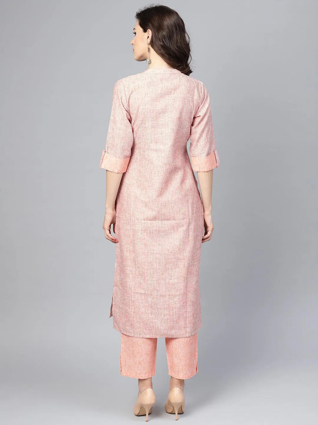 Peach Striped Cotton Kurta Set - Libas