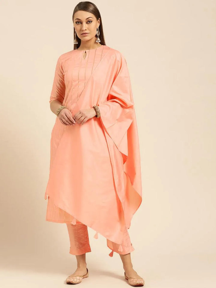 Peach Self Striped Silk Suit Set - Libas