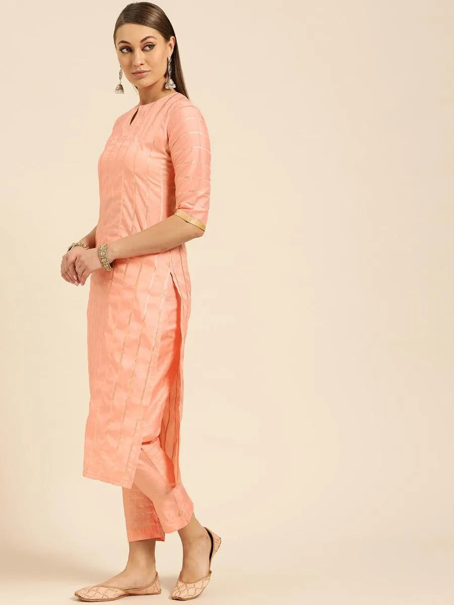 Peach Self Striped Silk Suit Set - Libas 