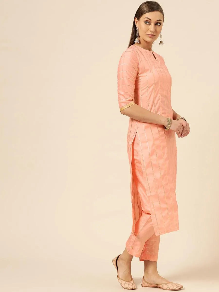 Peach Self Striped Silk Suit Set - Libas