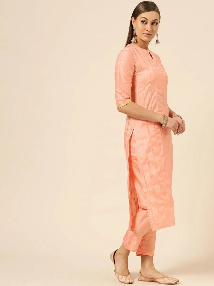 Peach Self Striped Silk Suit Set - Libas