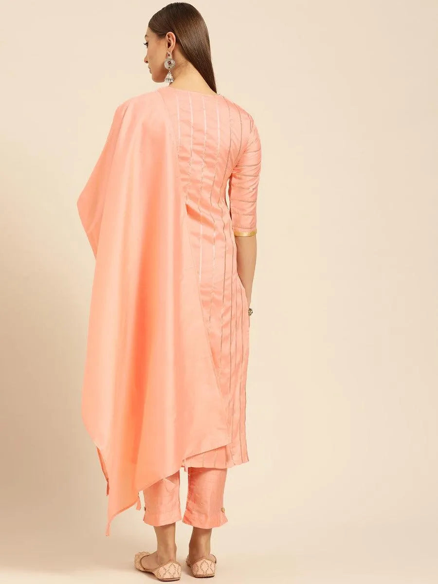 Peach Self Striped Silk Suit Set - Libas