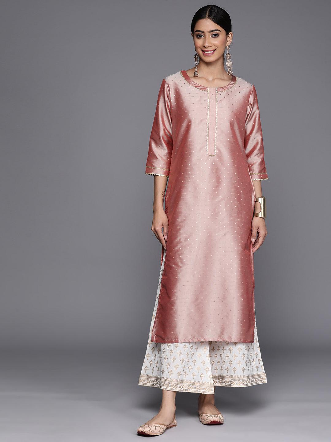 Peach Woven Design Art Silk Straight Kurta - Libas