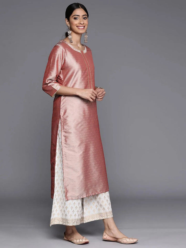 Peach Woven Design Art Silk Straight Kurta - Libas