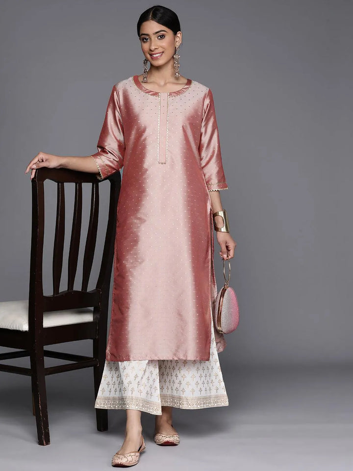 Peach Woven Design Art Silk Straight Kurta - Libas