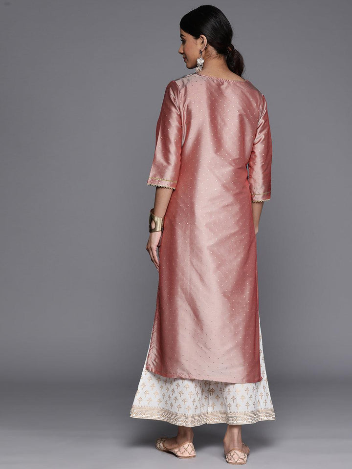 Peach Woven Design Art Silk Straight Kurta - Libas