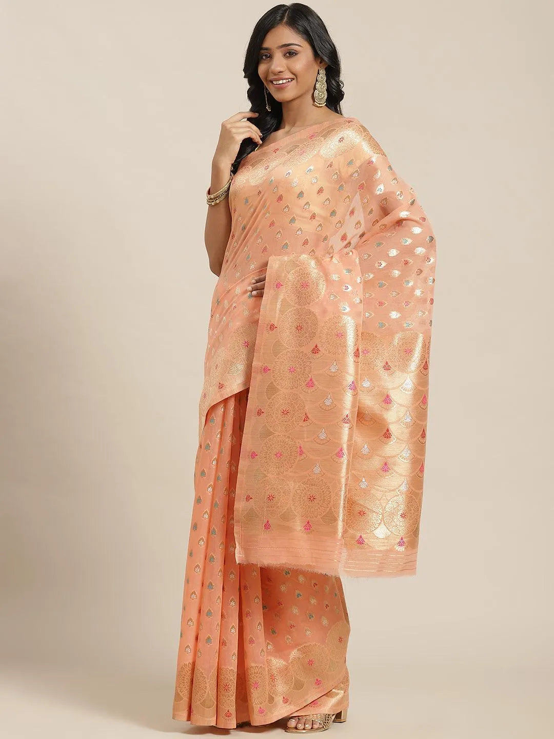 Peach Woven Design Brocade Saree - Libas