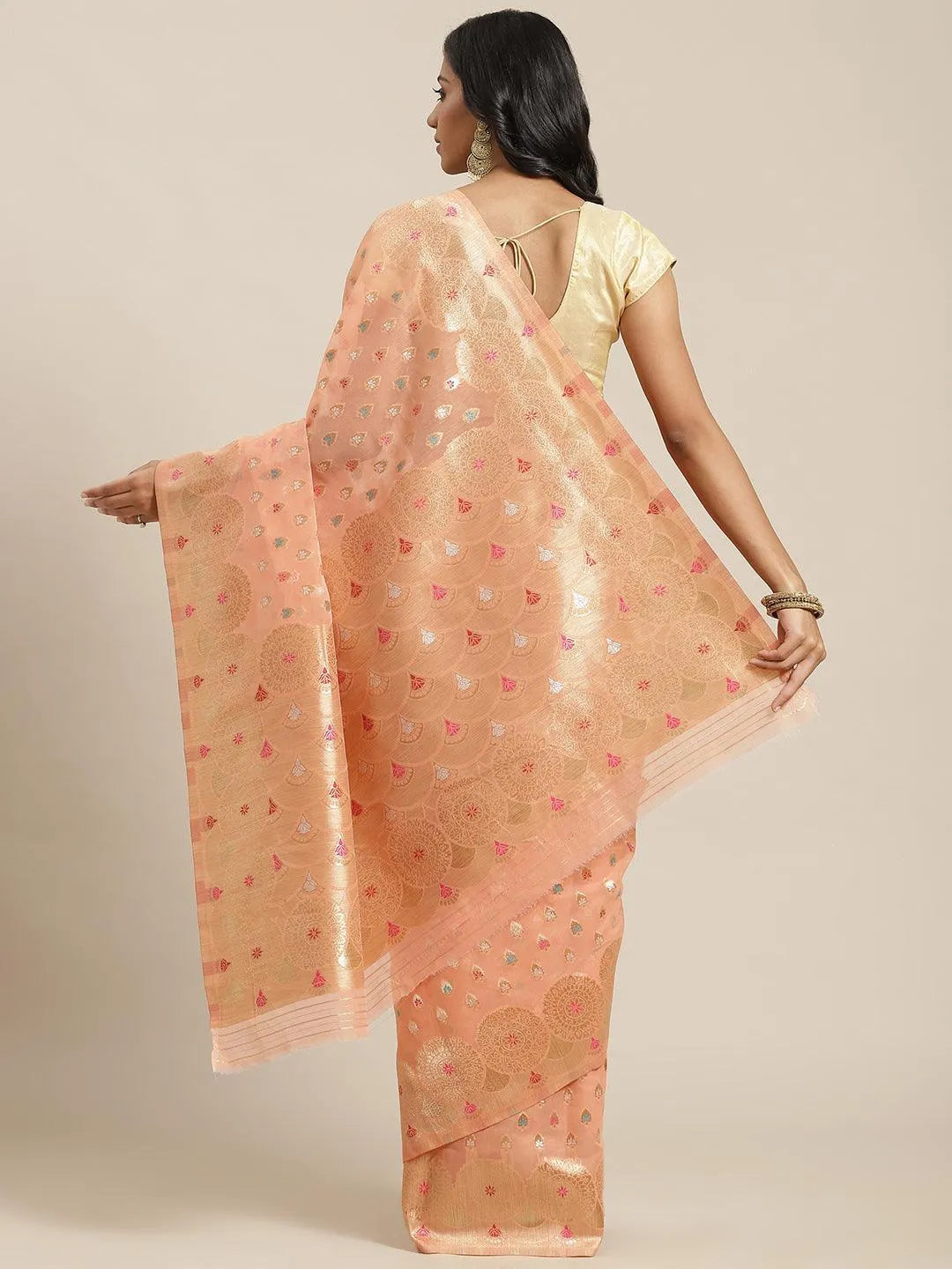 Peach Woven Design Brocade Saree - Libas