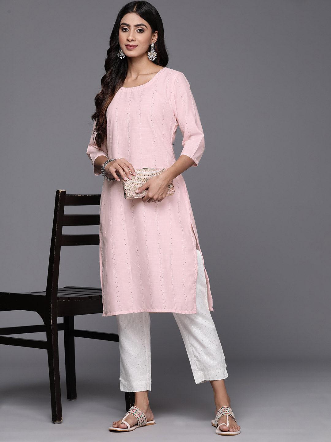 Peach Woven Design Cotton Straight Kurta - Libas 