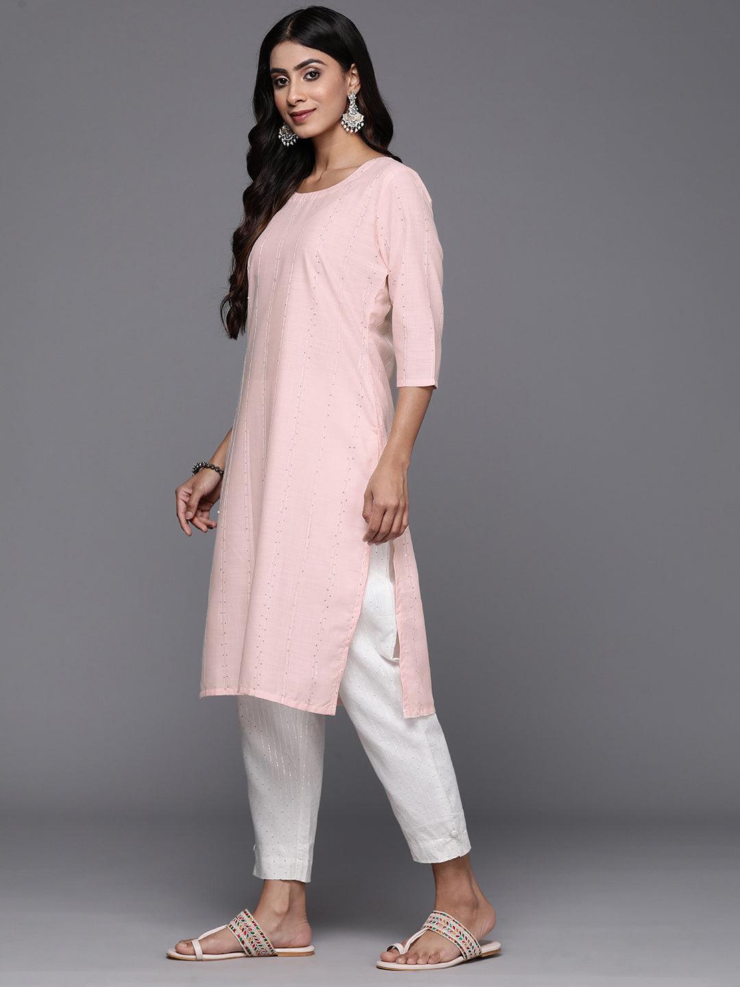 Peach Woven Design Cotton Straight Kurta - Libas 