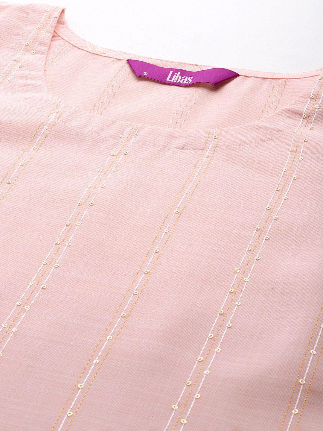 Peach Woven Design Cotton Straight Kurta - Libas 