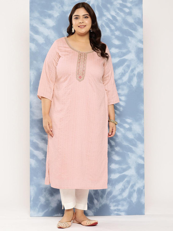 Peach Woven Design Rayon Straight Kurta - Libas