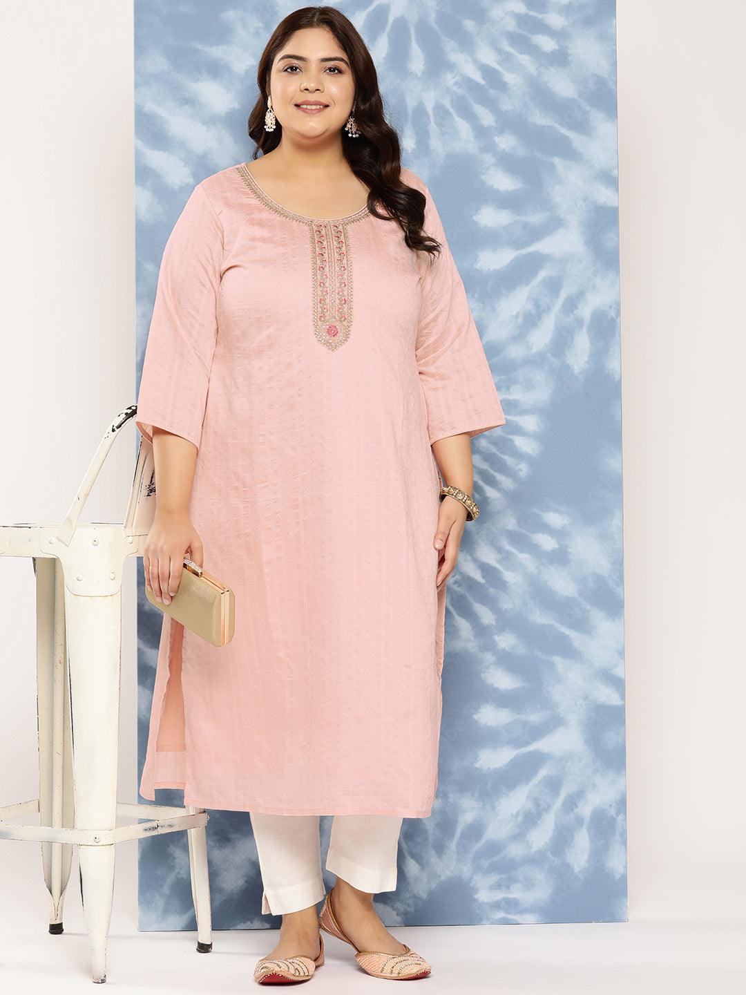 Peach Woven Design Rayon Straight Kurta - Libas