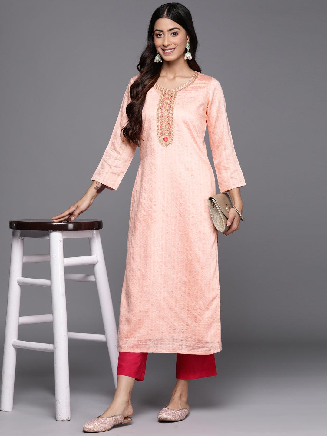 Peach Woven Design Rayon Straight Kurta - Libas