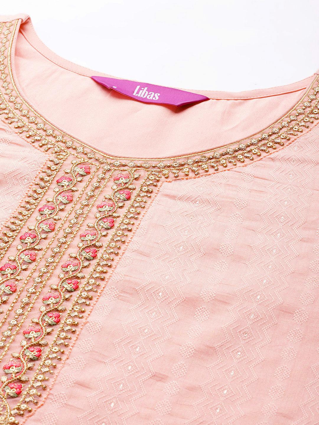 Peach Woven Design Rayon Straight Kurta - Libas