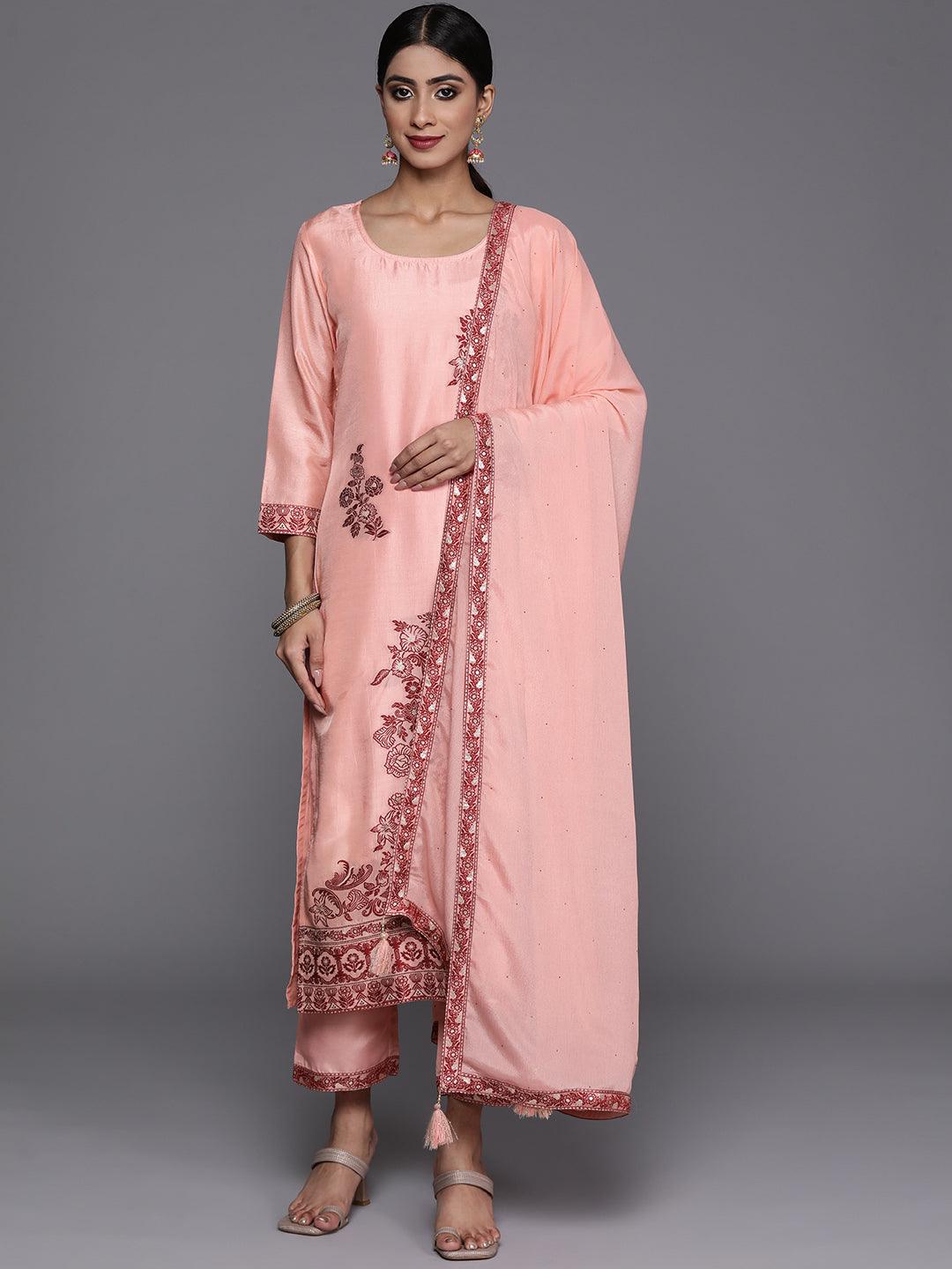 Peach Woven Design Silk Blend Straight Kurta With Trousers & Dupatta - Libas