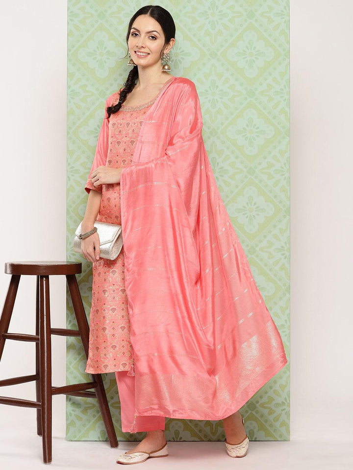 Peach Woven Design Silk Blend Straight Kurta With Trousers & Dupatta - Libas