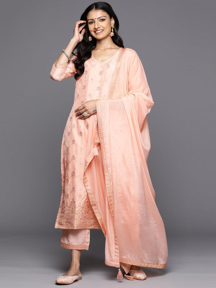 Peach Woven Design Silk Blend Straight Kurta With Trousers & Dupatta - Libas