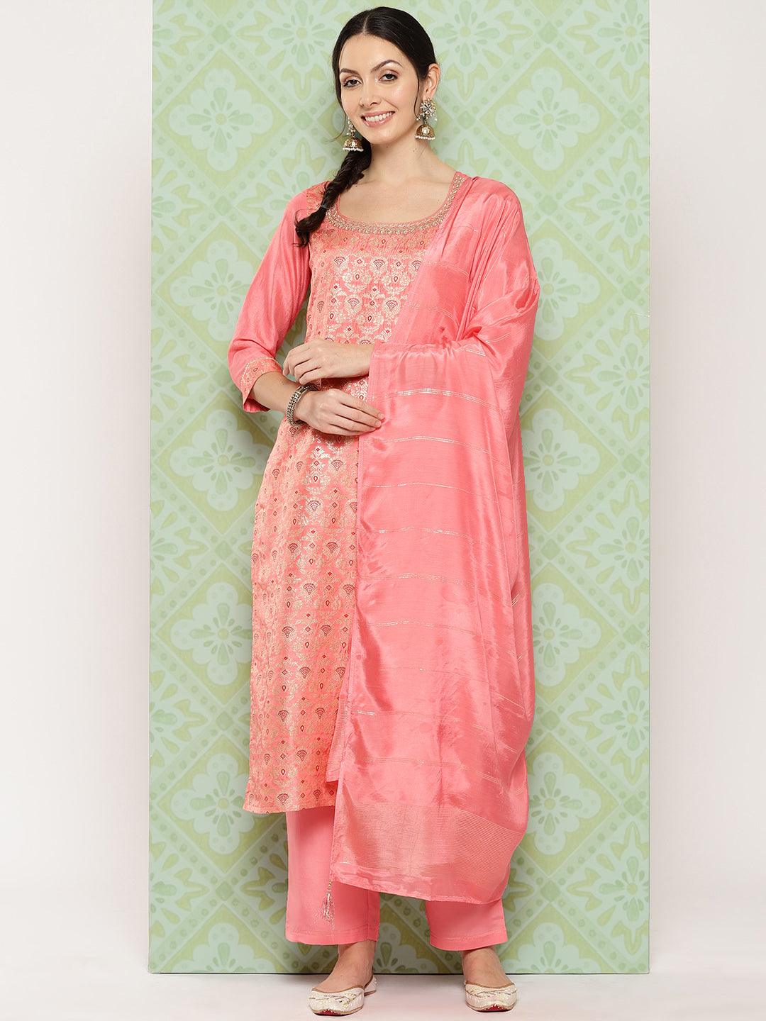 Peach Woven Design Silk Blend Straight Kurta With Trousers & Dupatta - Libas