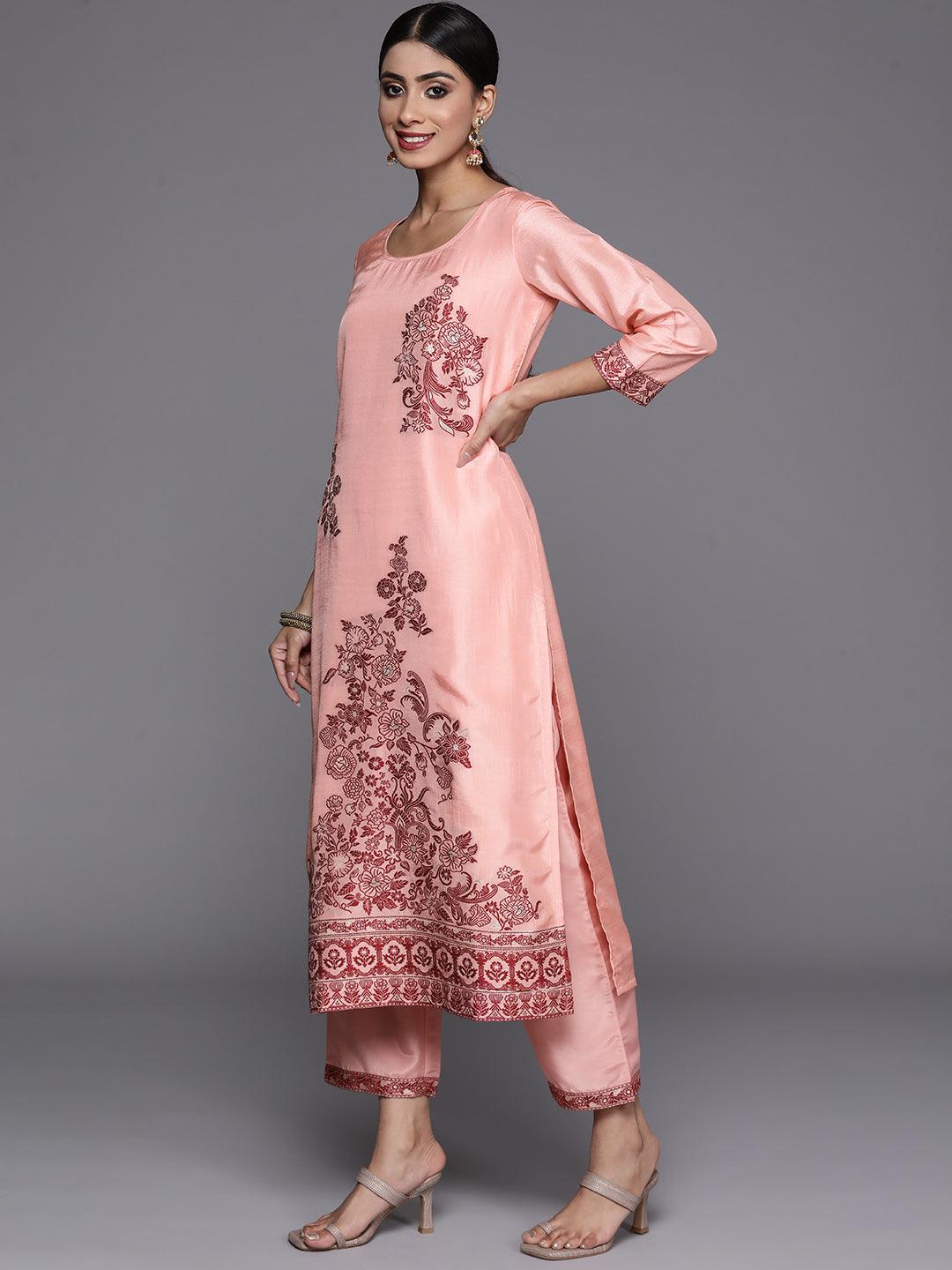 Peach Woven Design Silk Blend Straight Kurta With Trousers & Dupatta - Libas 