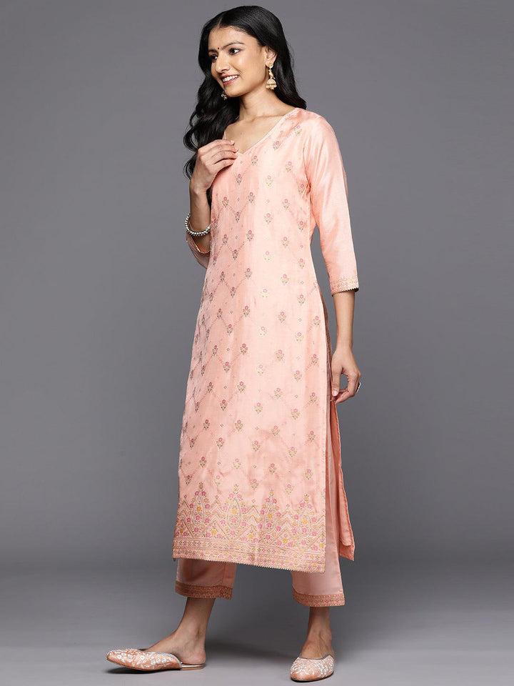 Peach Woven Design Silk Blend Straight Kurta With Trousers & Dupatta - Libas