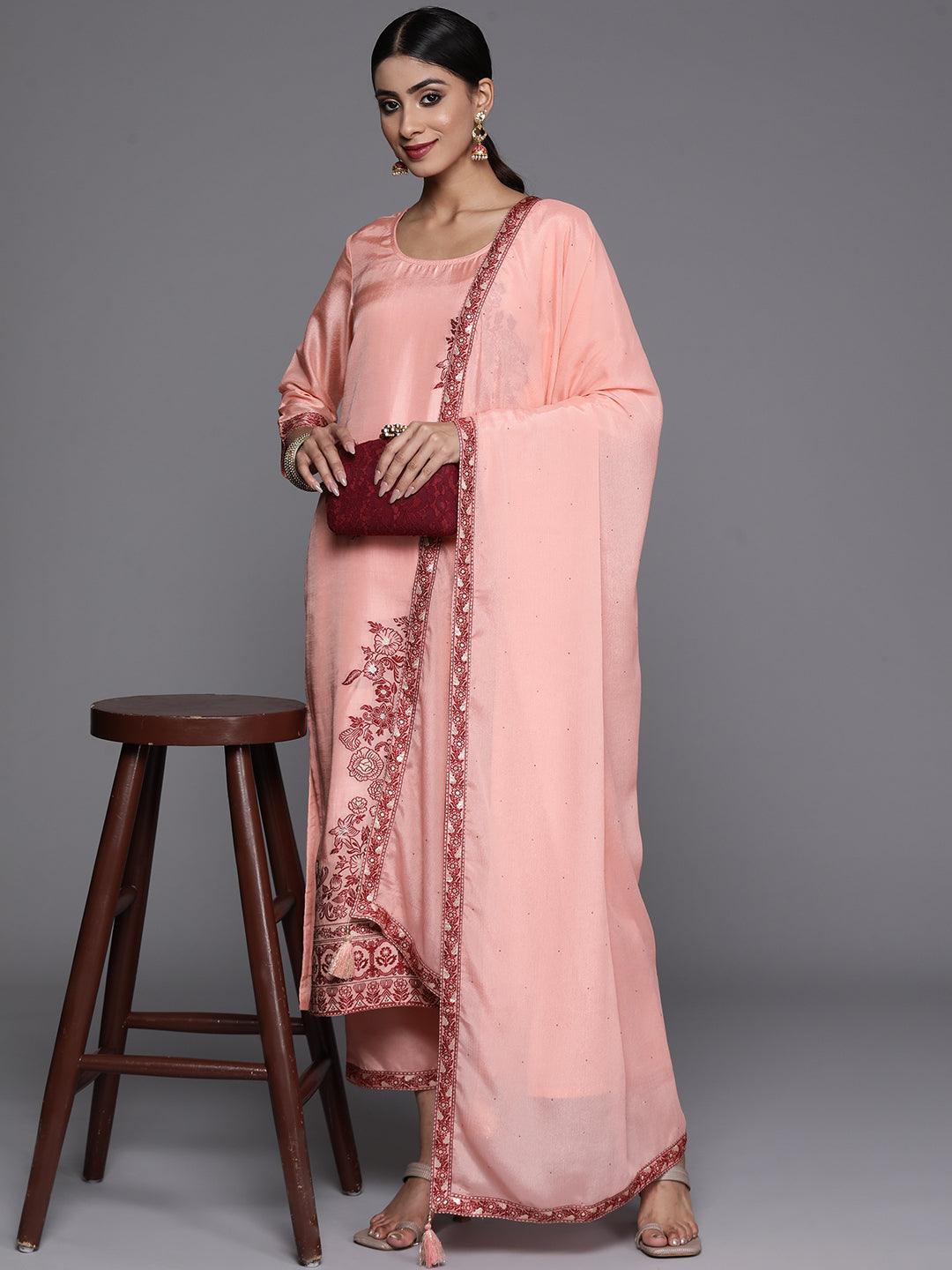 Peach Woven Design Silk Blend Straight Kurta With Trousers & Dupatta - Libas 