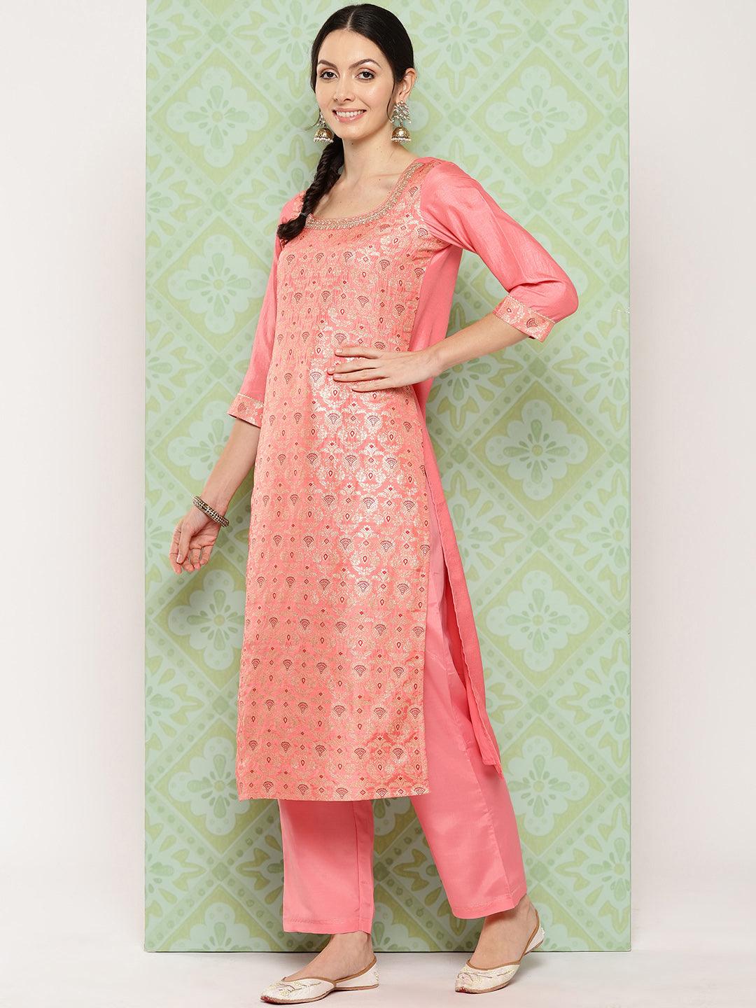 Peach Woven Design Silk Blend Straight Kurta With Trousers & Dupatta - Libas