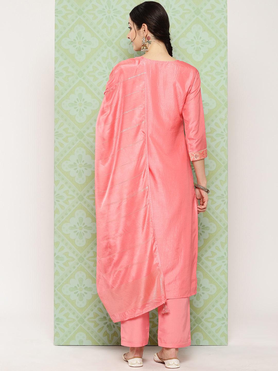 Peach Woven Design Silk Blend Straight Kurta With Trousers & Dupatta - Libas