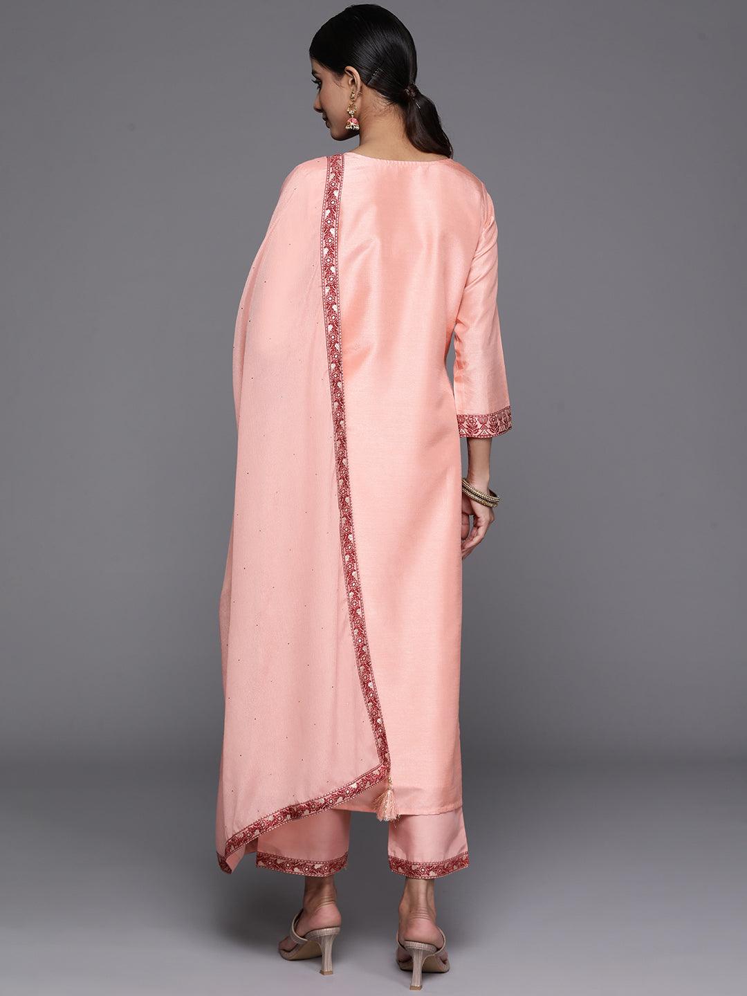 Peach Woven Design Silk Blend Straight Kurta With Trousers & Dupatta - Libas 