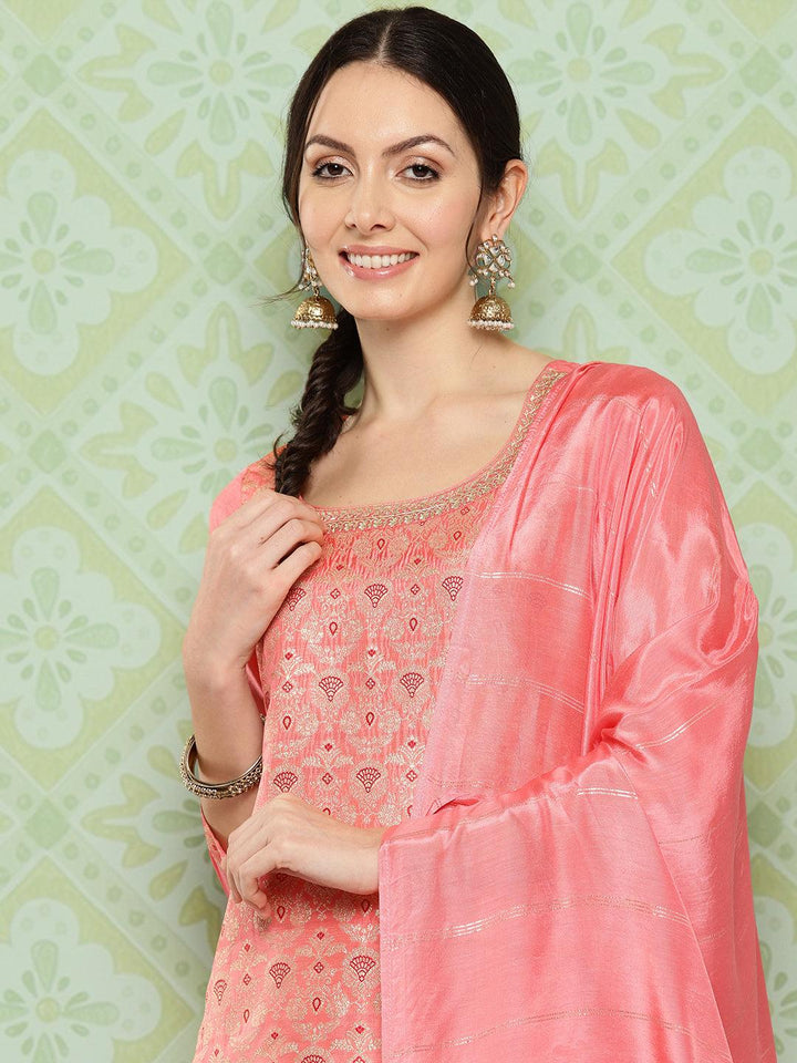 Peach Woven Design Silk Blend Straight Kurta With Trousers & Dupatta - Libas