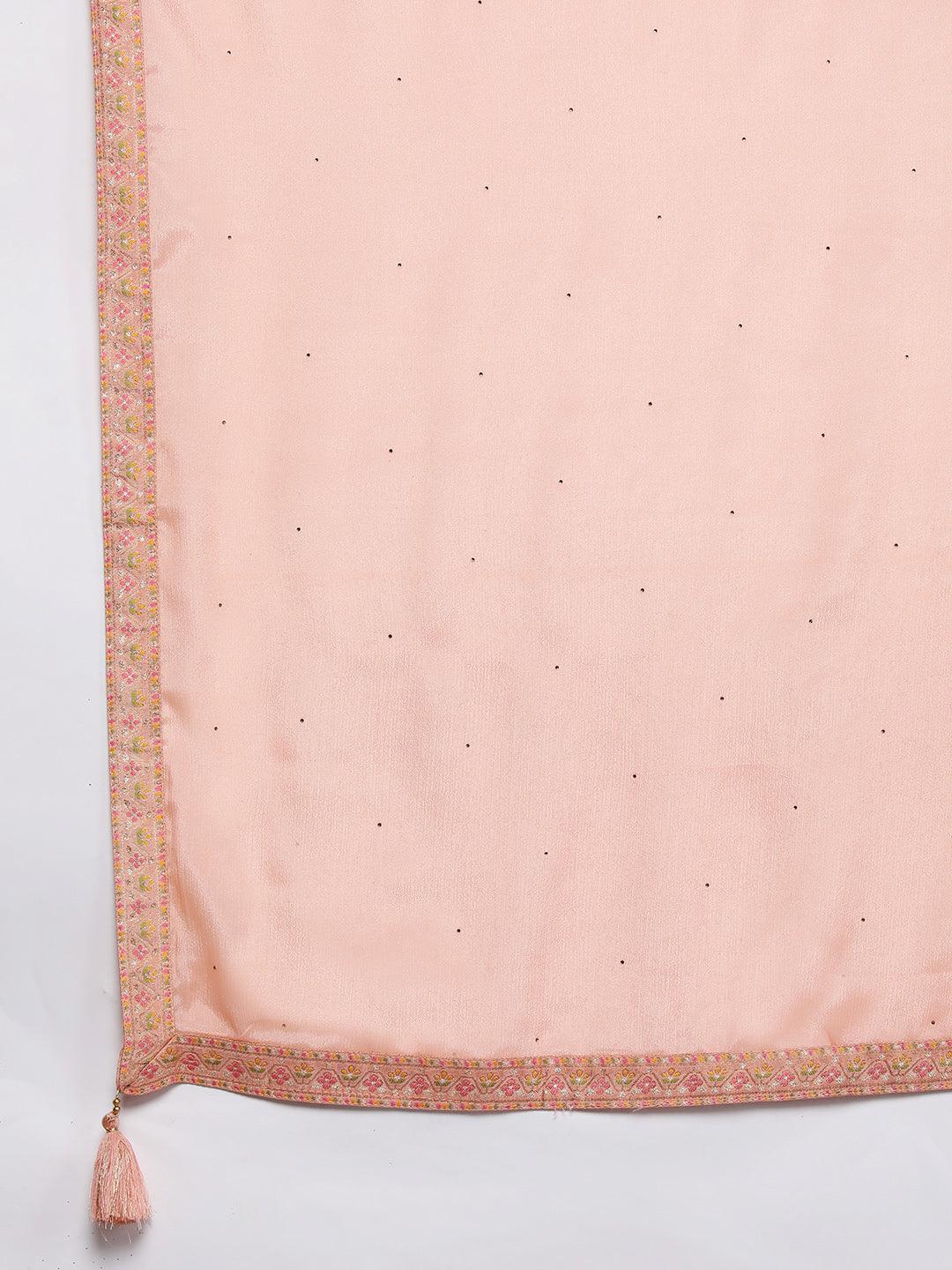 Peach Woven Design Silk Blend Straight Kurta With Trousers & Dupatta - Libas