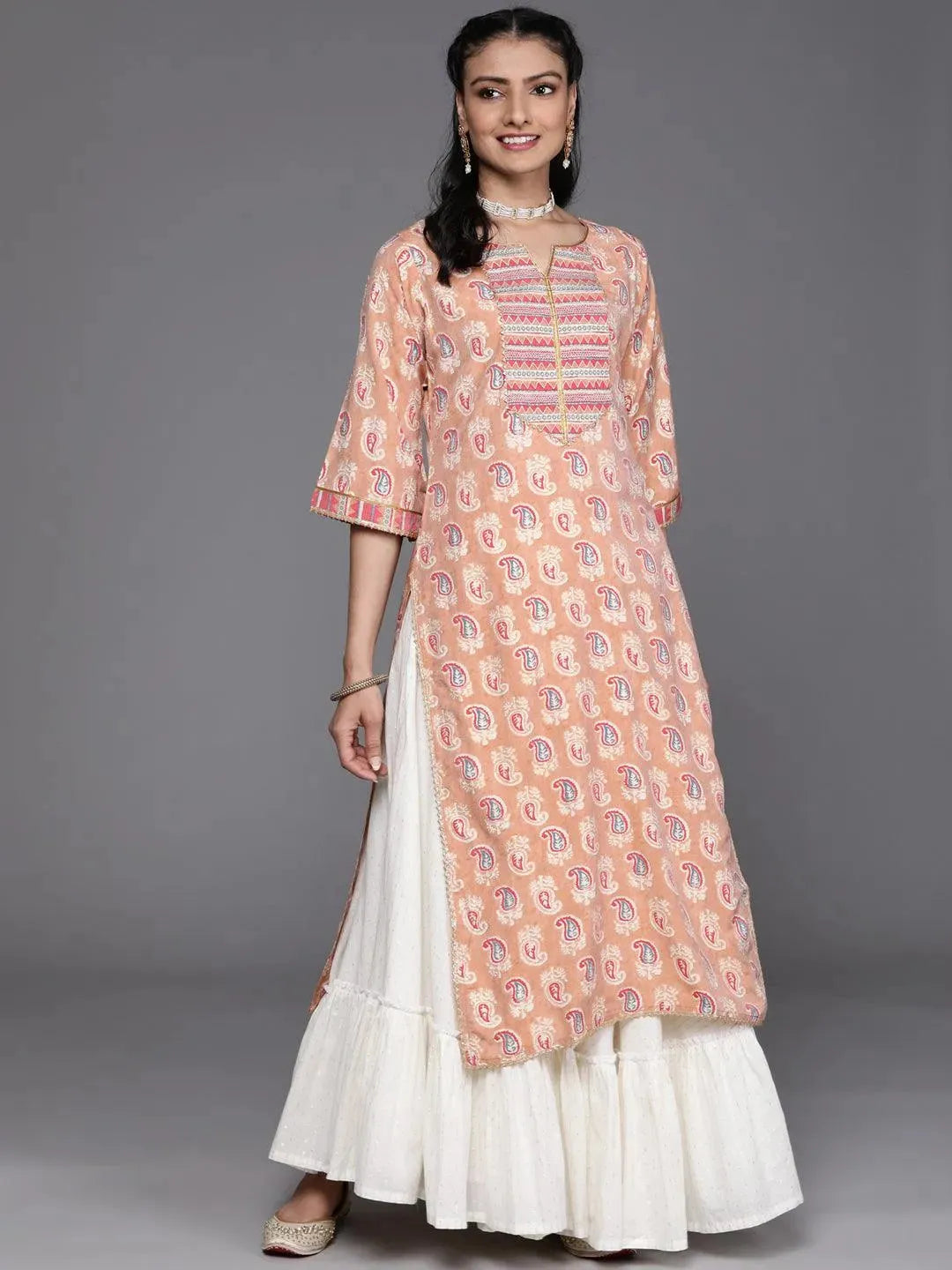 Peach Yoke Design Chanderi Silk Kurta - Libas