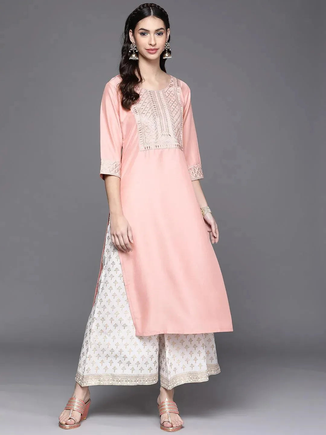 

Buy Peach Yoke Design Chanderi Silk Kurta - 23224O- | Libas Ethnic Wear Online