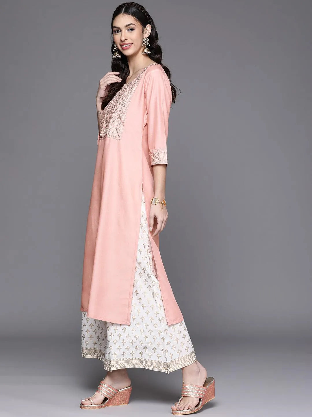 Peach Yoke Design Chanderi Silk Kurta - Libas