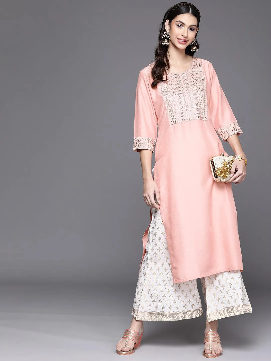 Peach Yoke Design Chanderi Silk Kurta - Libas