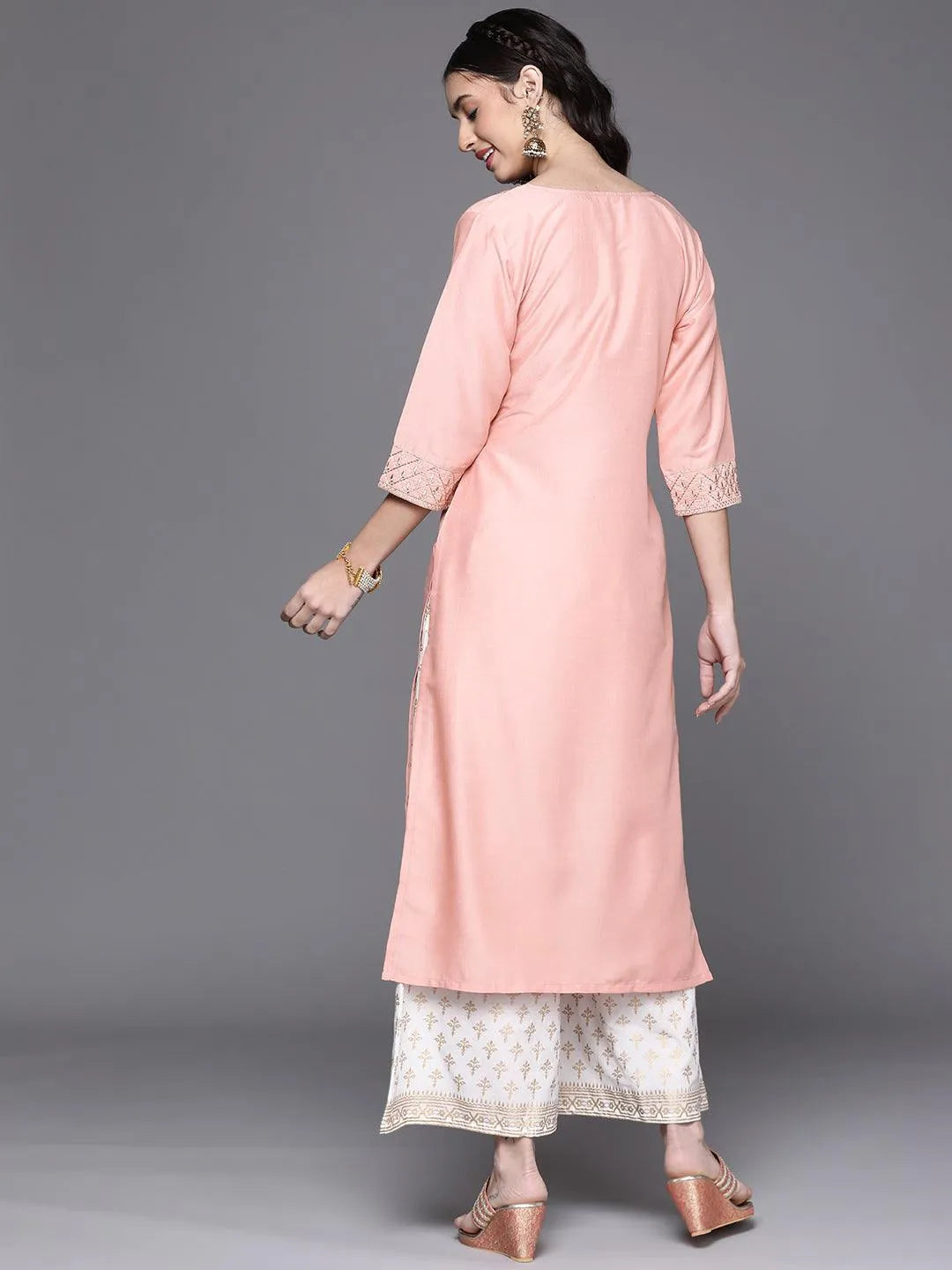 Peach Yoke Design Chanderi Silk Kurta - Libas