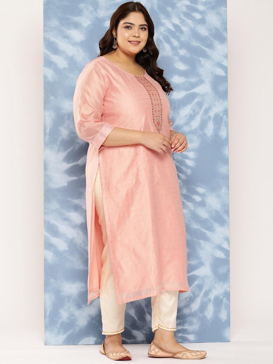 Peach Yoke Design Chanderi Silk Straight Kurta - Libas