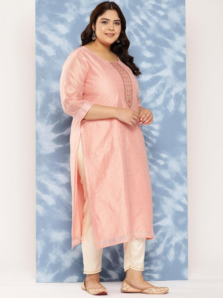 Peach Yoke Design Chanderi Silk Straight Kurta - Libas