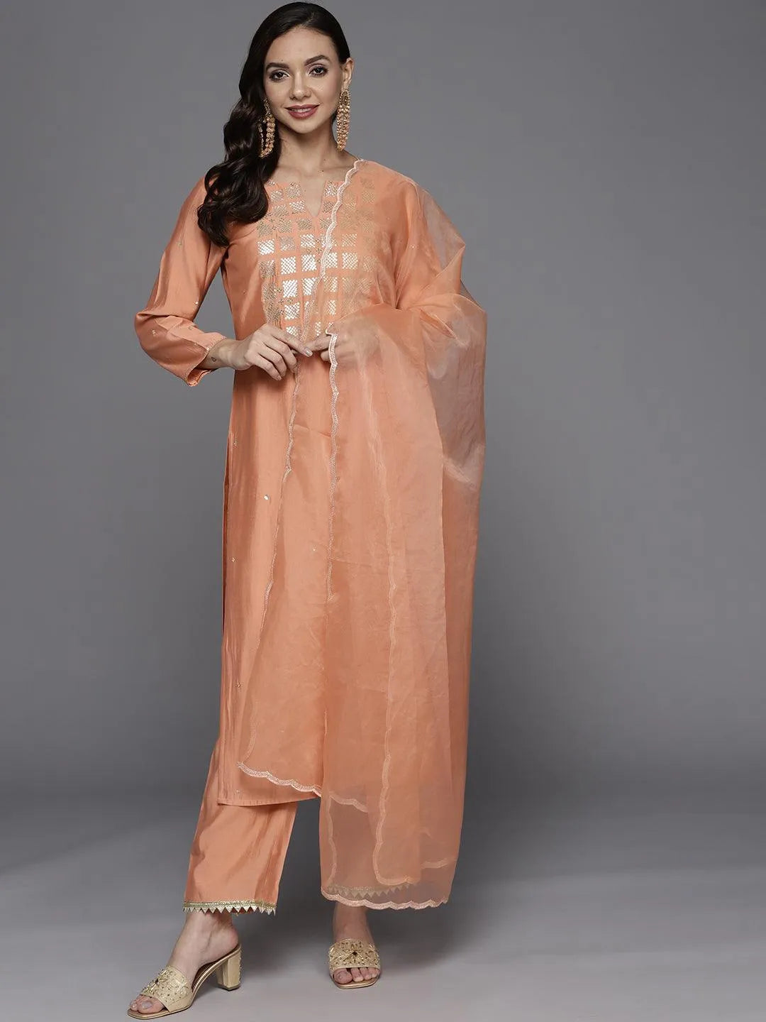 Peach Yoke Design Chanderi Silk Straight Suit Set - Libas