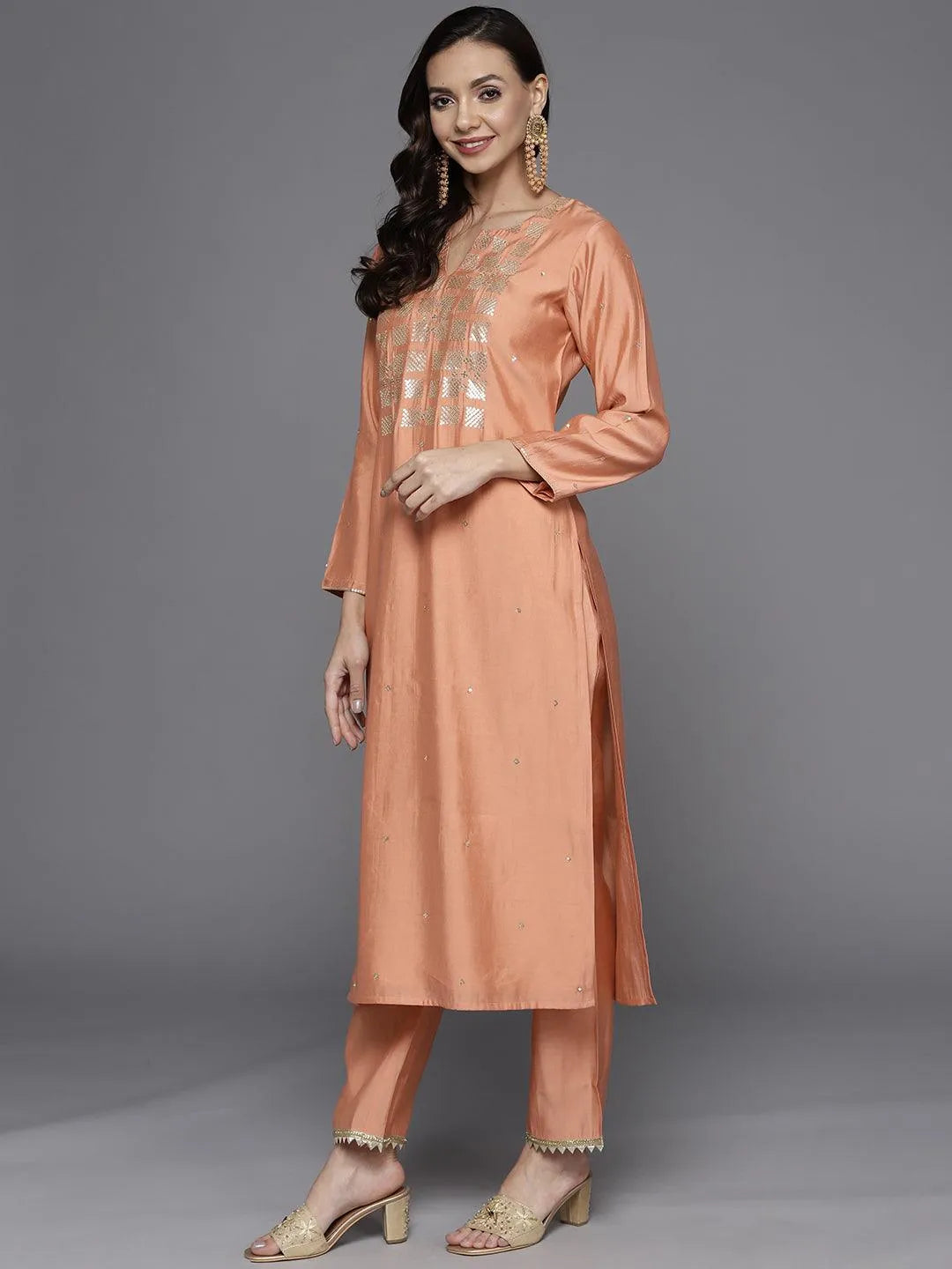 Peach Yoke Design Chanderi Silk Straight Suit Set - Libas 