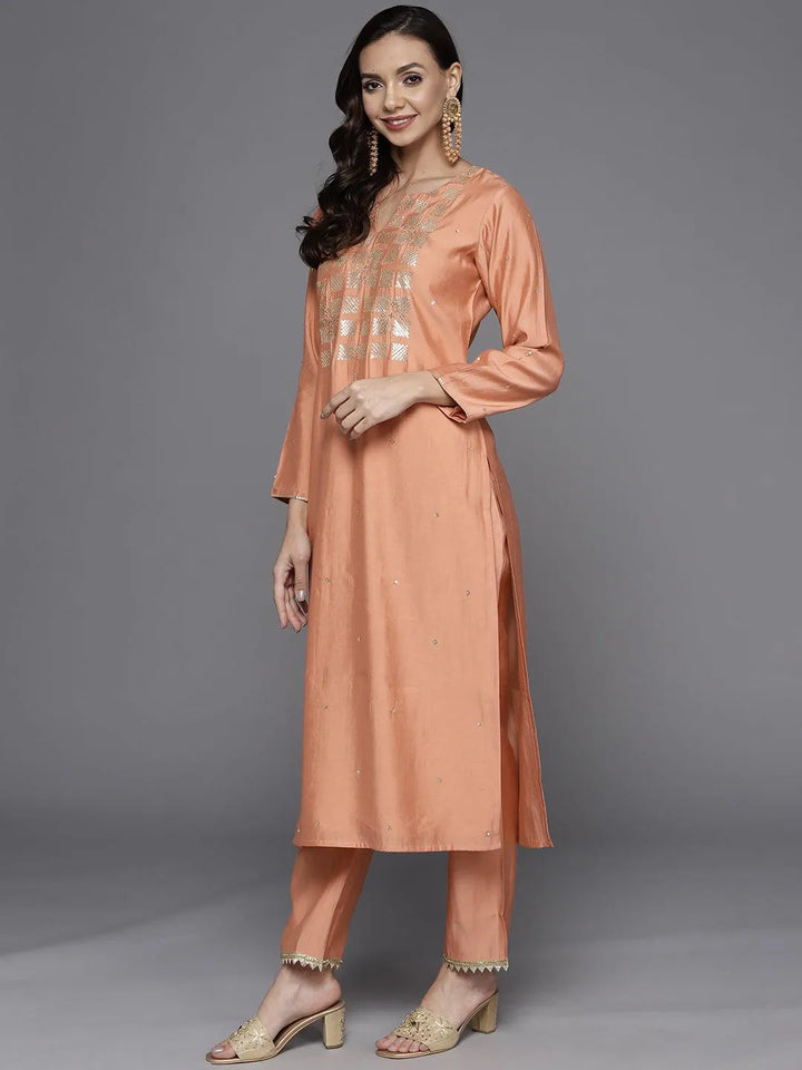 Peach Yoke Design Chanderi Silk Straight Suit Set - Libas