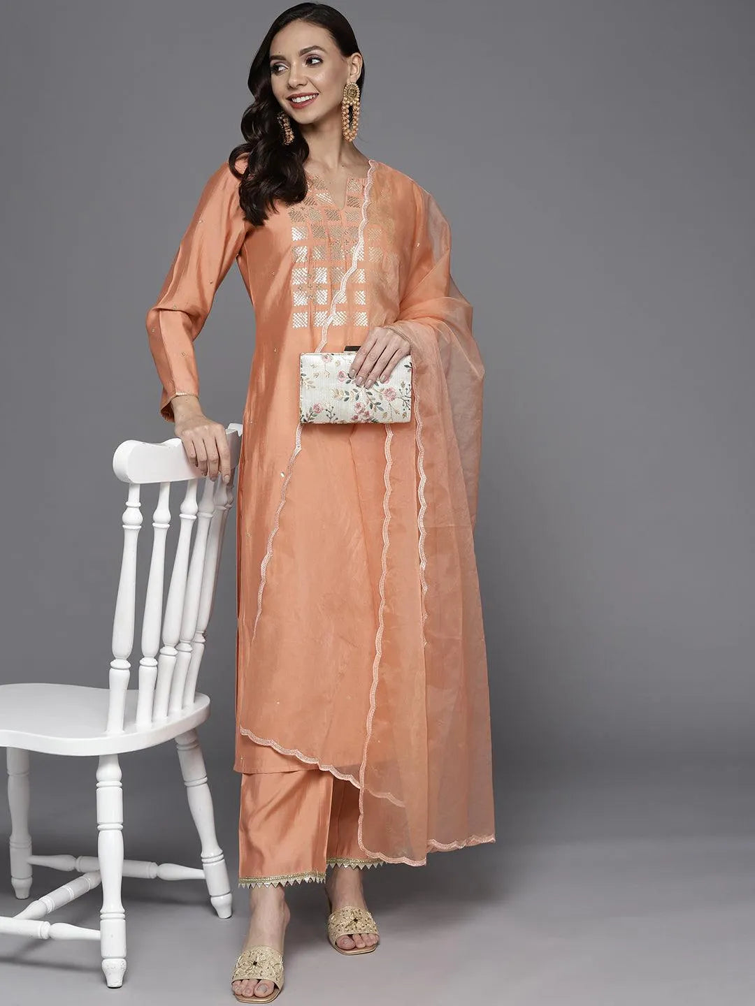 Peach Yoke Design Chanderi Silk Straight Suit Set - Libas 