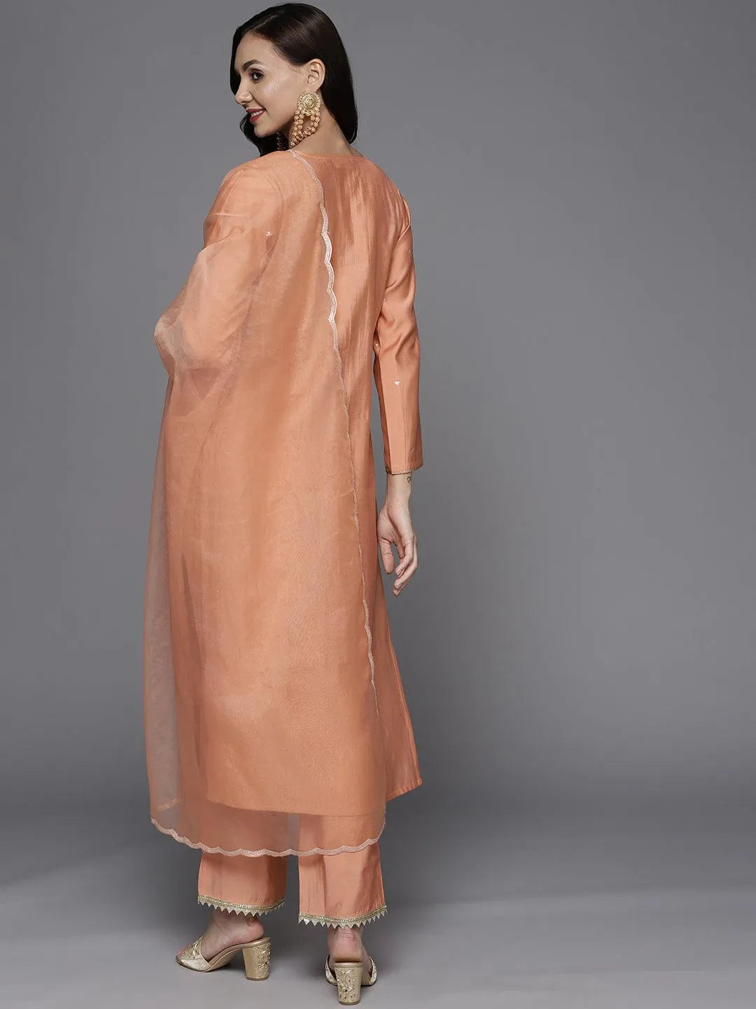 Peach Yoke Design Chanderi Silk Straight Suit Set - Libas 